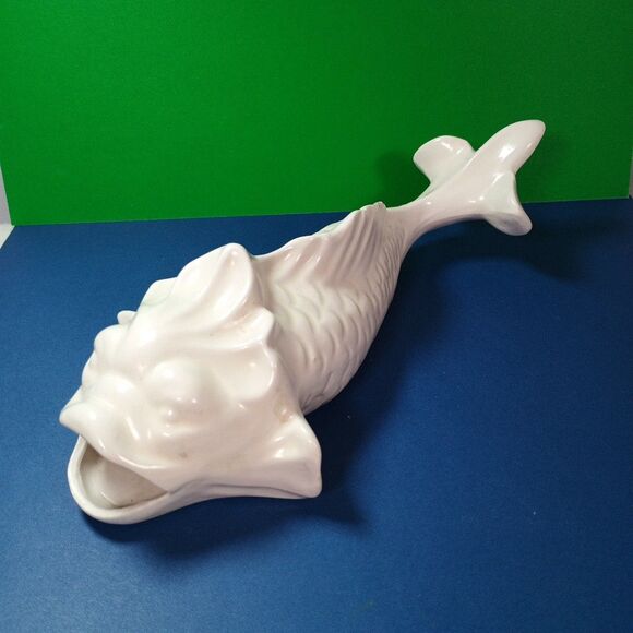 White Ceramic Koi Fish Planter Vase Asian Coastal Decor MCM Style 10" - Picture 3 of 12